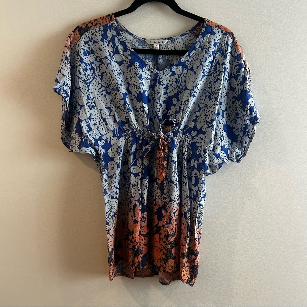 CAbi #891 Blue and Orange Floral Blouse, dolman sleeve tunic, size S
